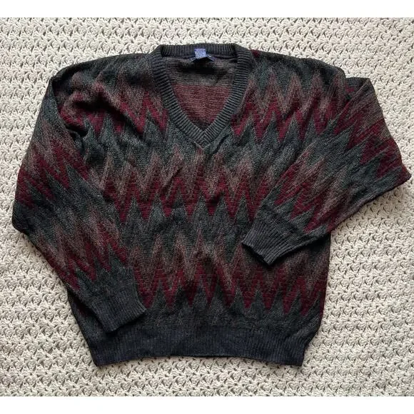 Vintage 90s Striped Grandpa Sweater Red Green Copper V-neck Cosby Size XL - Picture 1 of 3